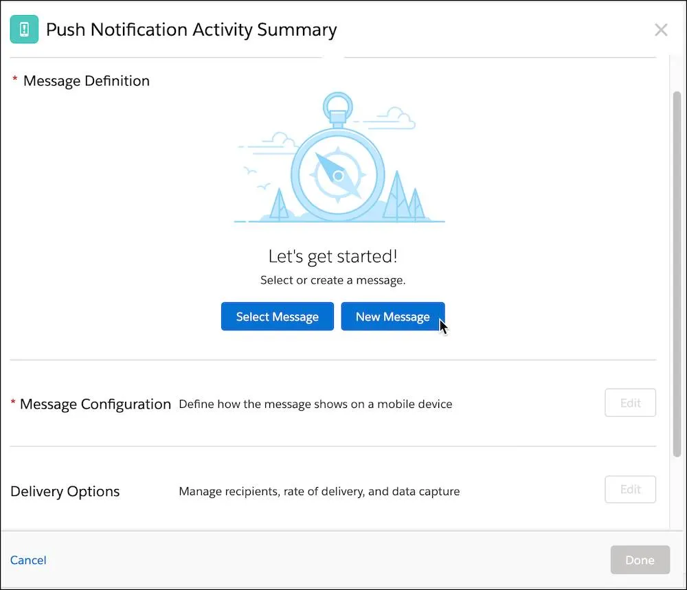 Push Notification Activity Summary screen with New Message being selected.