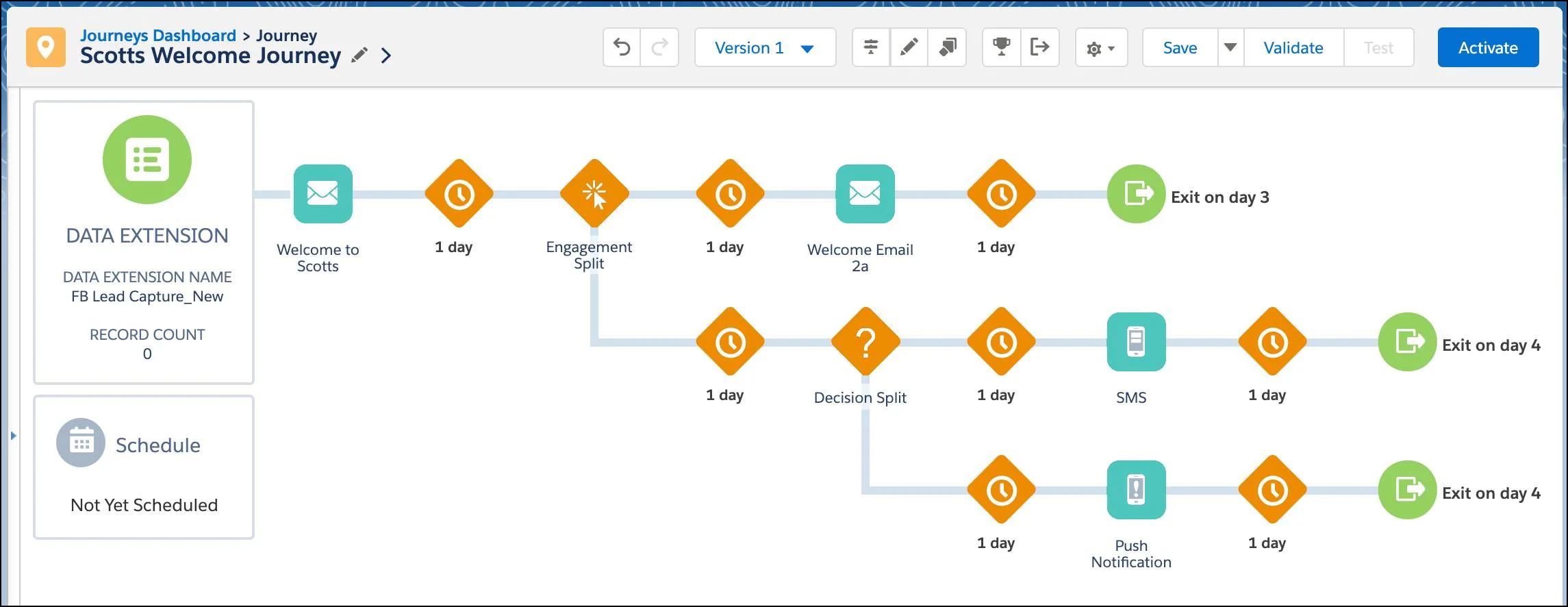 Welcome journey flowchart with a decision split that determines whether a customer receives an SMS message or a push notification.