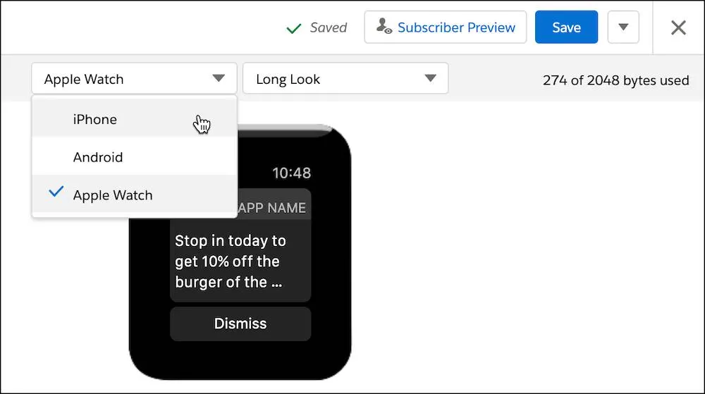 ドロップダウンで [Apple Watch] が選択されているメッセージのプレビュー画面。