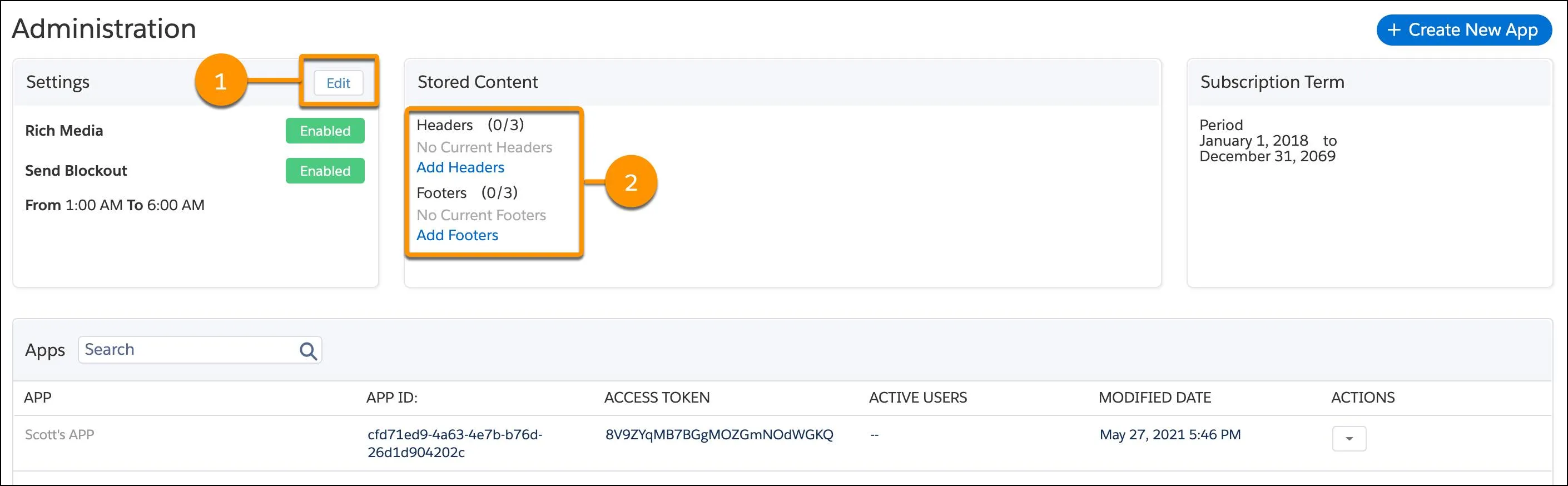 MobilePush setup screen with callouts for enabling rich media, send blackout, and headers and footers.