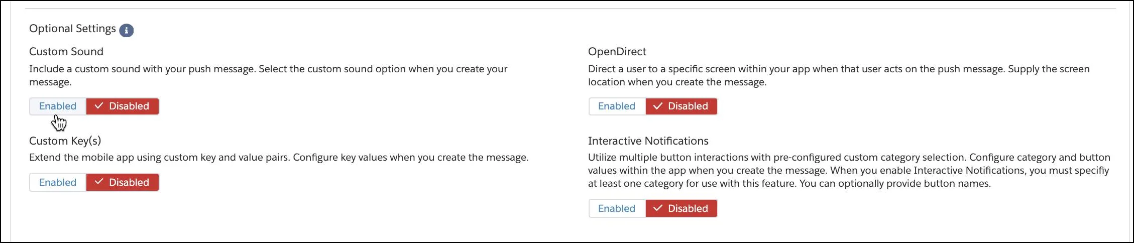 MobilePush Optional Settings.