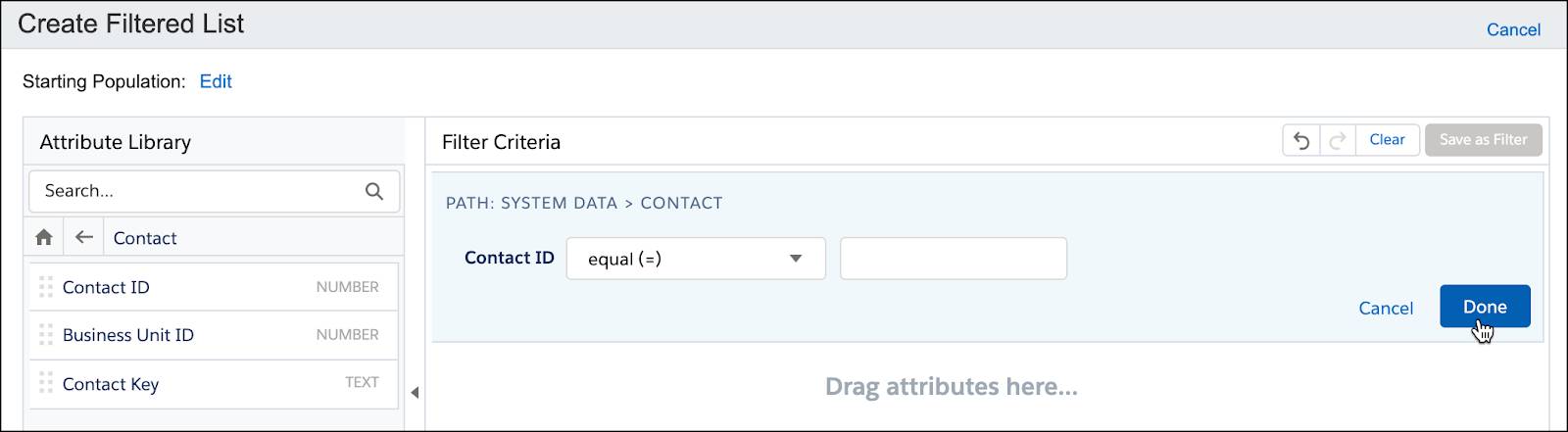 Contact Key selected as filter criteria, and set to equal the field where the key is entered.