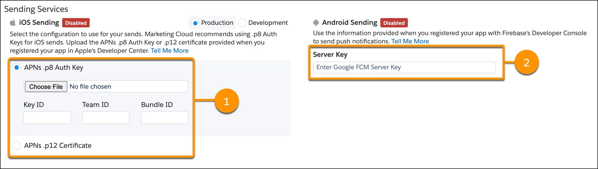 MobilePush setup page highlighting the APNS Clients section where you can add a certificate or enter a password, and the Android clients section where you can enter a server key.