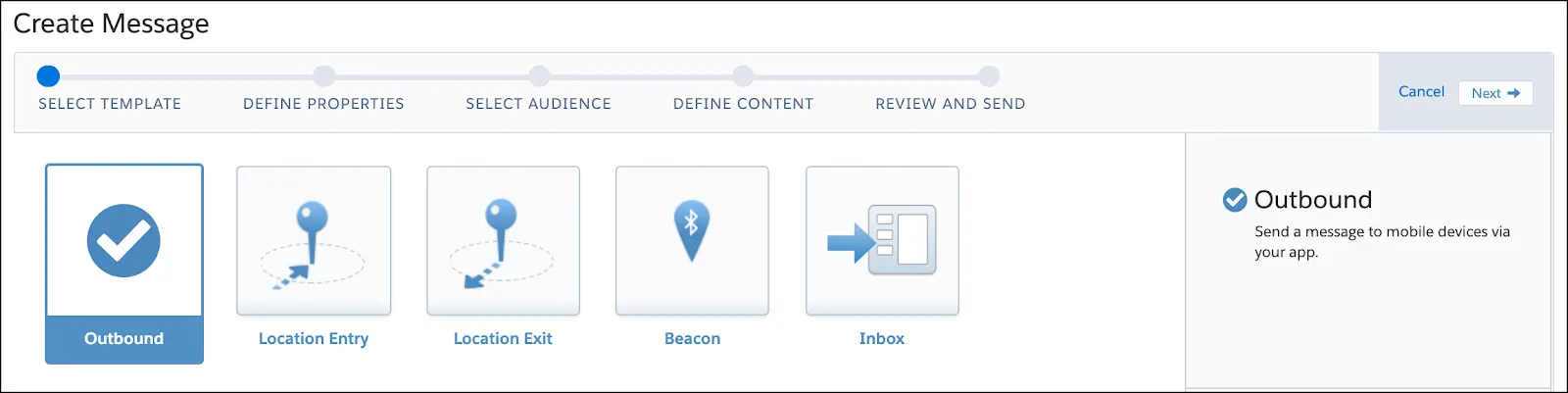 Create Message screen in the MobilePush Overview tab with outbound template selected.