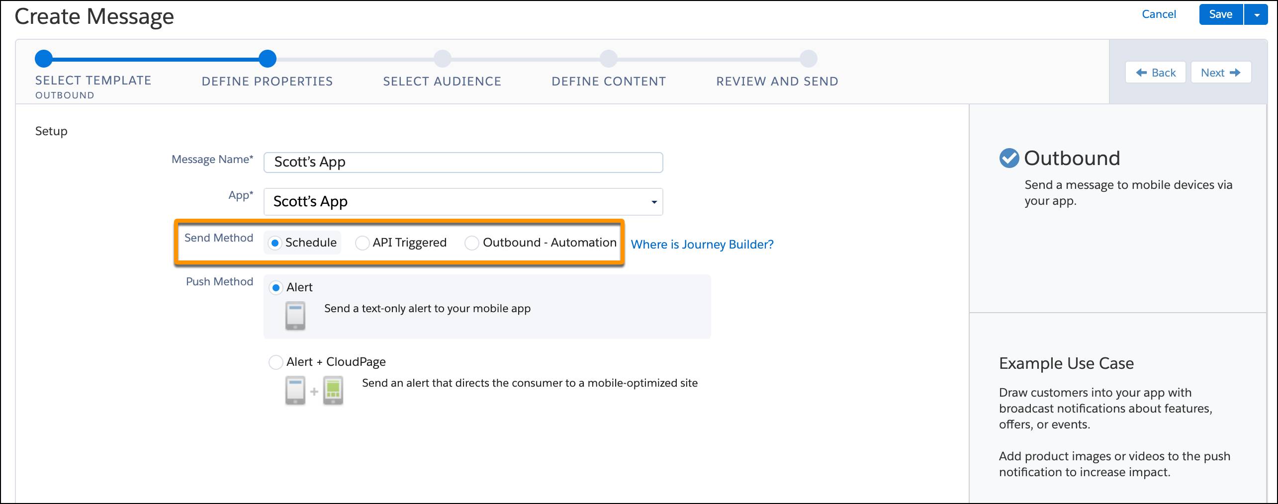 Define properties screen with Send Method highlighted, and schedule selected.