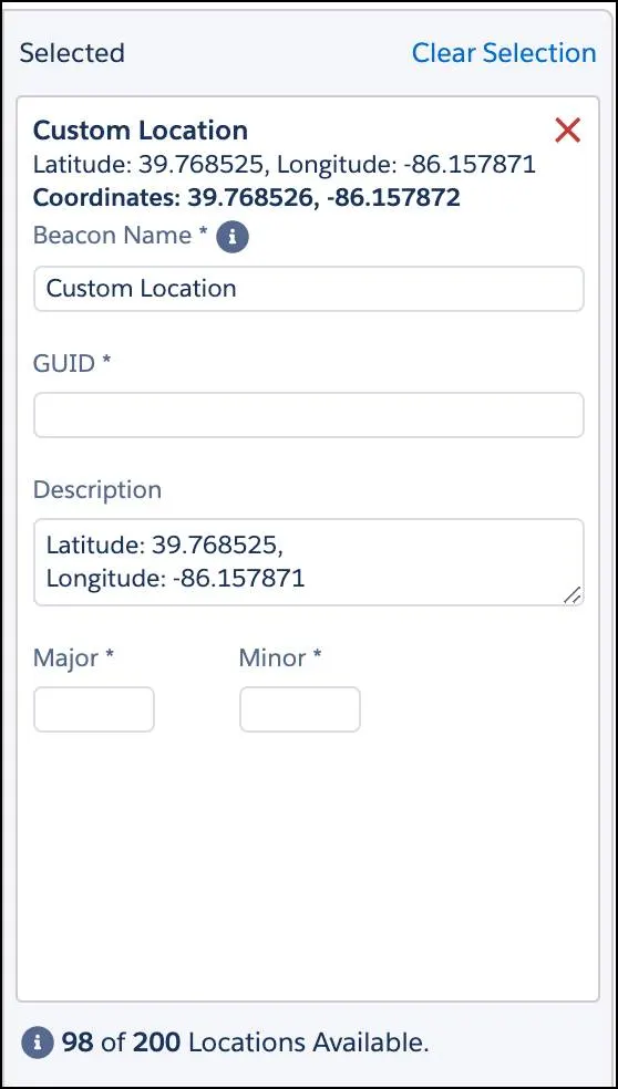  Beacon location with name, GUID, major, and minor fields required.