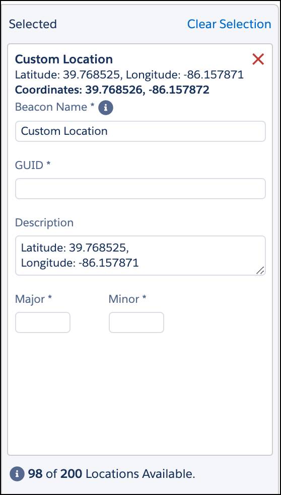 Beacon location with name, GUID, major, and minor fields required.
