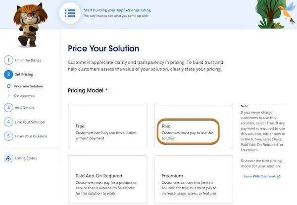 The Partner Console Set Pricing step with a highlight on the Paid Pricing Model