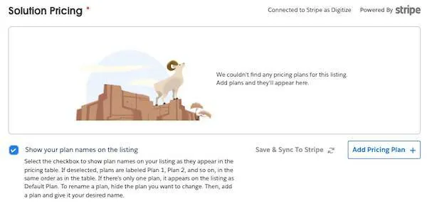 The Partner Console Solution Pricing step with a Save & Sync to Stripe button, an Add Pricing Plan + button, and a check next to Show your plan names on the listing