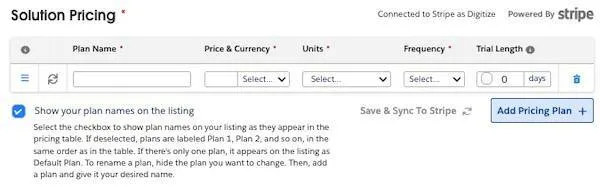 The Partner Console Solution Pricing step with Plan Name, Price & Currency, Units, Frequency, and Trial Length columns, a check next to Show your plan names on the listing, a Save & Sync to Stripe button, and an Add Pricing Plan + button