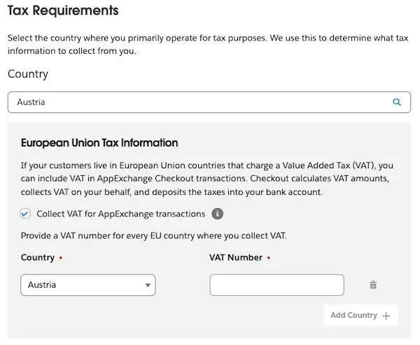 [国] および [VAT 番号] テキストボックスが表示されているパートナーコンソールの [Set Pricing (価格設定)] の [Tax Requirements (税金の要件)] セクションの例