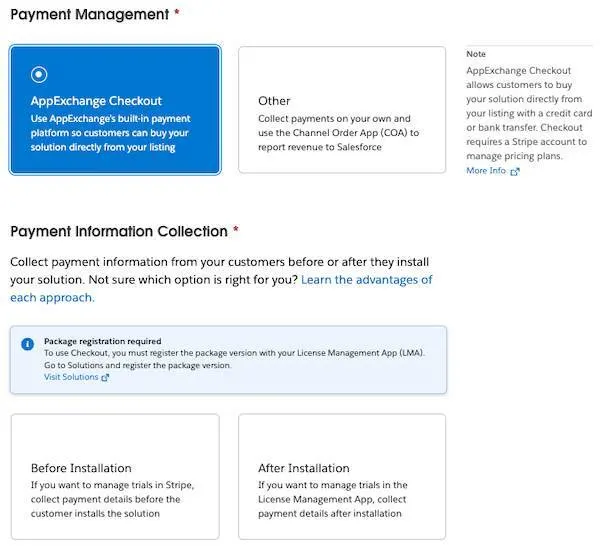 [支払い管理] セクション に [AppExchange Checkout] タイルと [その他] タイルが表示され、[支払情報の収集] セクションに [Before Installation (インストール前)] タイルと [After Installation (インストール後)] タイルが表示されているパートナーコンソール