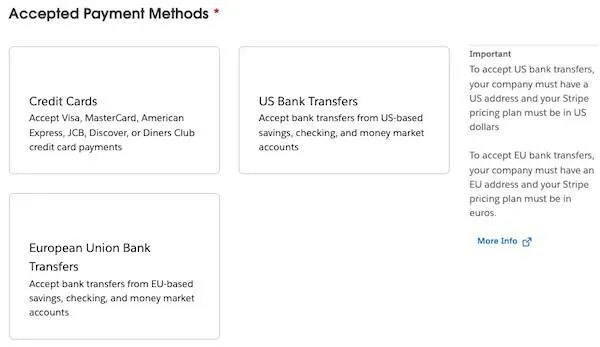 [Credit Cards (クレジットカード)]、[US Bank Transfers (米国銀行振込)]、[European Union Bank Transfers (欧州連合銀行振込)] タイルと [詳細情報] リンクが表示されている [Accepted Payment Methods (使用できる支払方法)] セクション