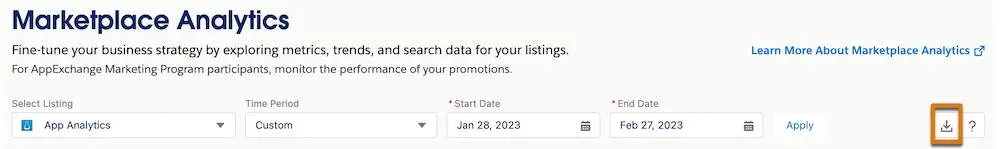 The Analytics filter bar has filters for Listing, Time Period, Start Date, and End Date, an Apply button, and a Download button.