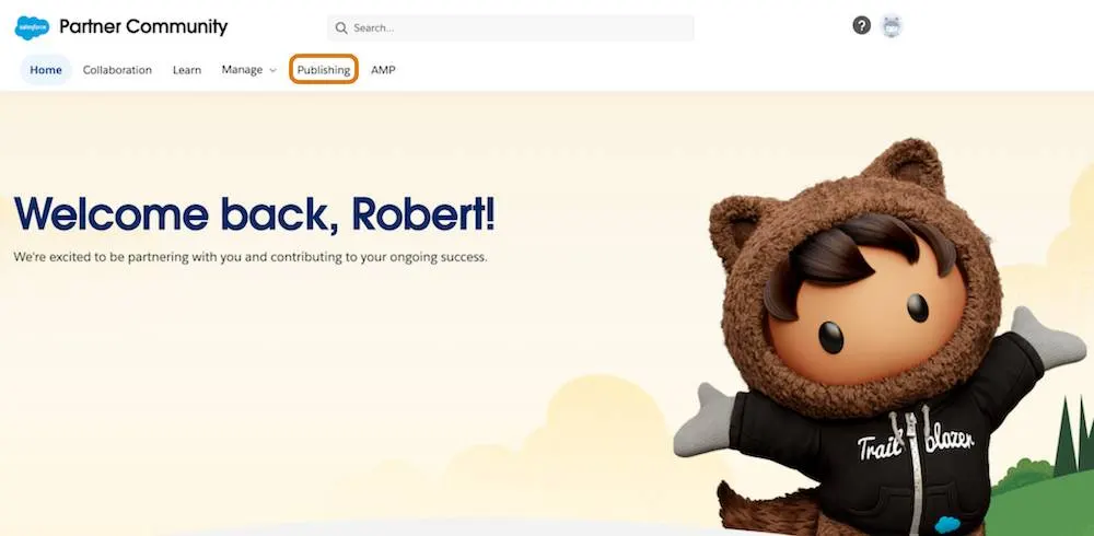 The Partner Community navigation bar includes tabs for Home, Collaboration, Learn, Manage, Publishing, and AMP.