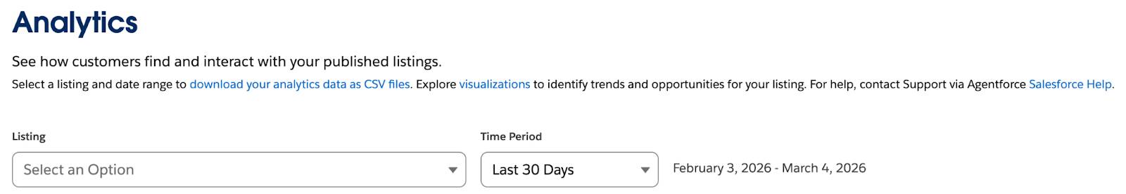 The Analytics filter bar has filters for Listing, Time Period, Start Date, and End Date, an Apply button, and an option to download analytics data as CSV files.