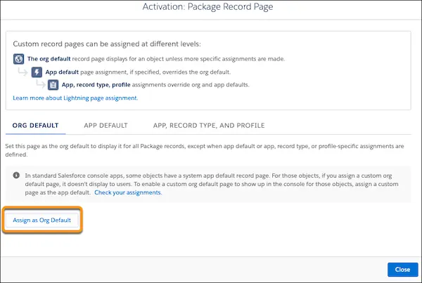 The Activation: Package Record Page has settings for Org Default, App Default, and App, Record Type, and Profile.