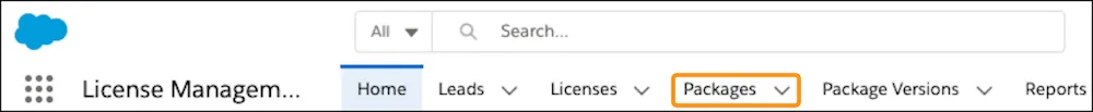 The License Management App toolbar includes tabs for Home, Leads, Accounts, Licenses, Packages, Package Versions, and more.