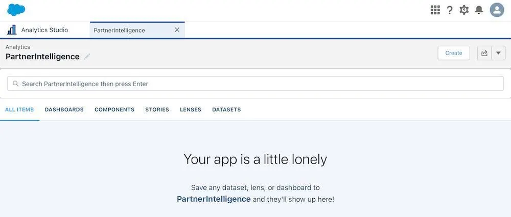 A sample new Analytics Studio app with this message: Save any dataset, lens, or dashboard to PartnerIntelligence and they’ll show up here!