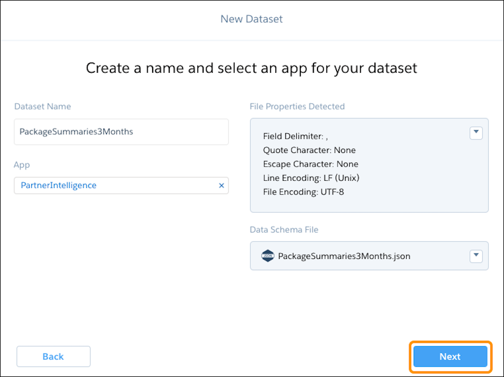 The New Dataset window displays the dataset name, app name, file properties, and data schema file.