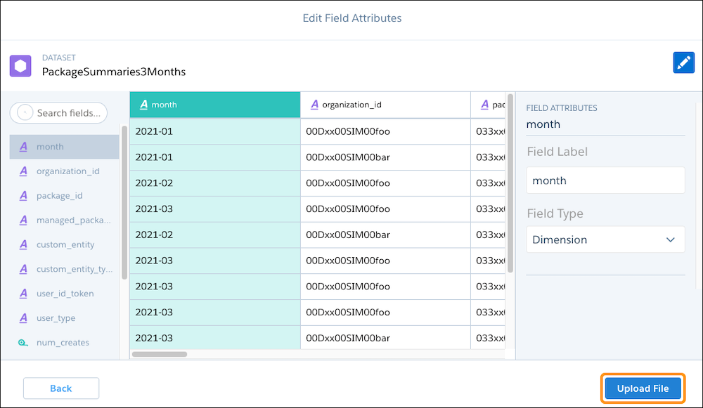 [month (月)]、[organization ID (組織 ID)]、[package ID (パッケージ ID)] 列があるテーブルにパッケージが表示された [Edit Field Attributes (項目属性を編集)] ウィンドウ