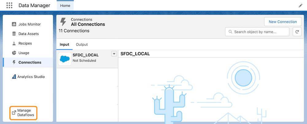 [Manage Dataflows (データフローを管理)] が強調表示された Analytics Studio の [Data Manager (データマネージャー)] ウィンドウのメニュー