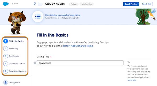 The Listing Builder with a highlight on the tracker displaying five steps to create your listing