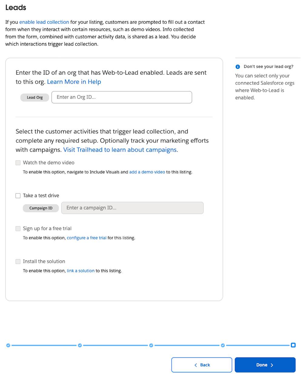 The Leads Listing Builder section