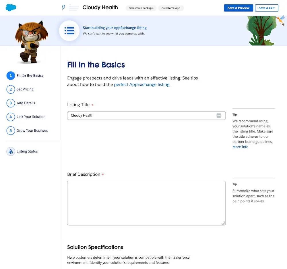 The Fill in the Basics Listings Builder section
