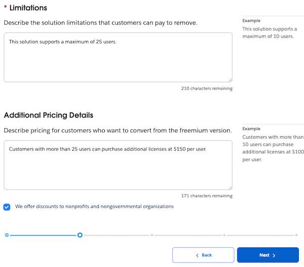 The Limitations and Additional Pricing Details sections of the Listing Builder Pricing section with Back and Next buttons
