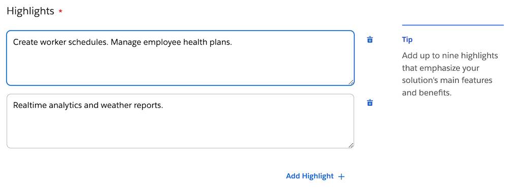 The Highlights section with two text boxes, a Tip box, and an Add Highlight + button