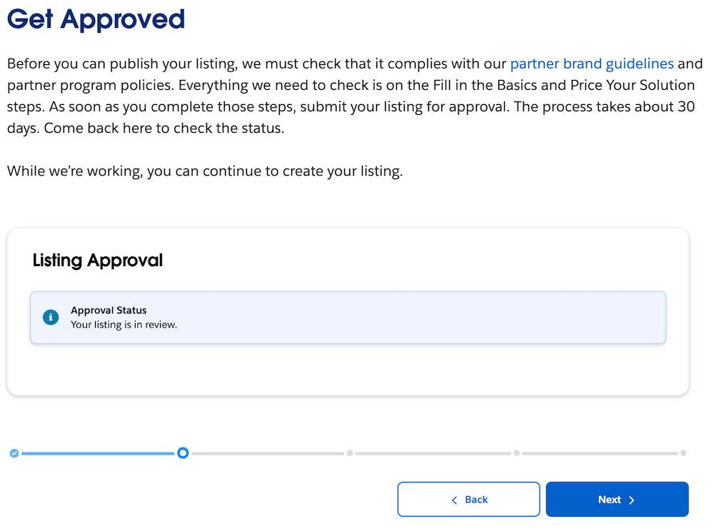 The Get Approved modal with Back and Next buttons and an Approval Status of Your listing is in review
