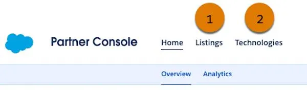 The Partner Console home page with callouts on Listings (1) and Technologies (2)