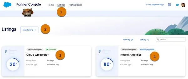  Listings (1) builder with a New Listing + (2) button, and Cloud Calculator (3) and Health Analytics (4) listing tiles