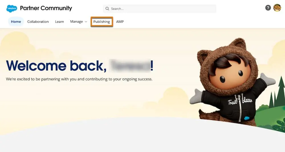 The Partner Community home page with a highlight on Publishing