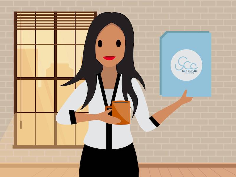 カップを手に持ち、背後から日差しを受ける Leung Chan。Cloudy Health ソリューションの掲載計画を表す、雲が描かれたマーケティング資料を手に持っている。