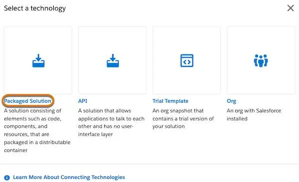 The Select a technology to connect window with a highlight on Packaged Solution