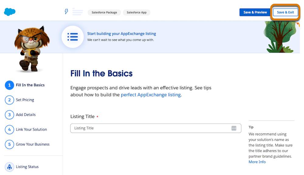 The Listing Builder with a Fill In the Basics section, five steps to create a listing, a Save & Preview button, and a highlight on a Save & Exit button