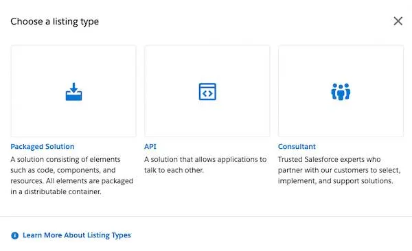The Choose a list type window with Packaged Solution, API, and Consultant options and a Learn More About Listing Types info bubble