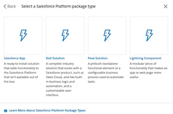 The Choose a Salesforce Platform Package type window with Salesforce App, Bolt Solution, Flow Solution, and Lightning Component tiles and a Learn More About Salesforce Platform Package Types info bubble