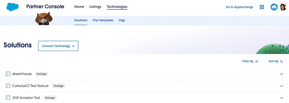 The Partner Console Technologies tab with subtabs for Solutions, Trial Templates, and Orgs, and Connect Technology +, Filter By, and Sort By buttons, plus a list of connected package solutions