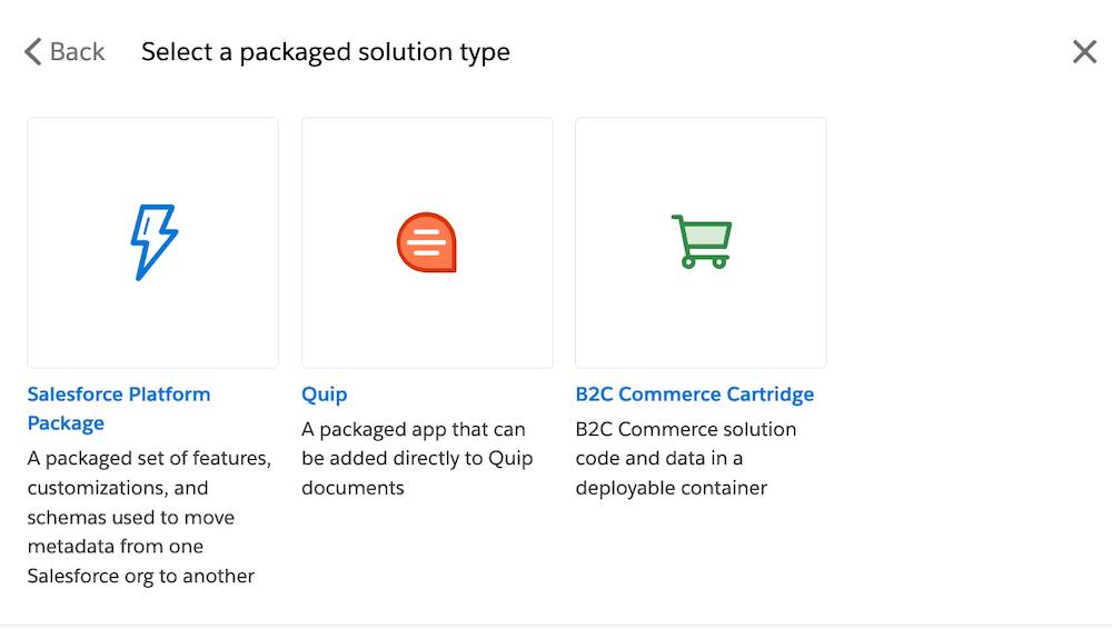 The Select a packaged solution type window with tiles for Salesforce Platform Package, Quip, and B2C Commerce Cartridge with a highlight on Salesforce Platform Package