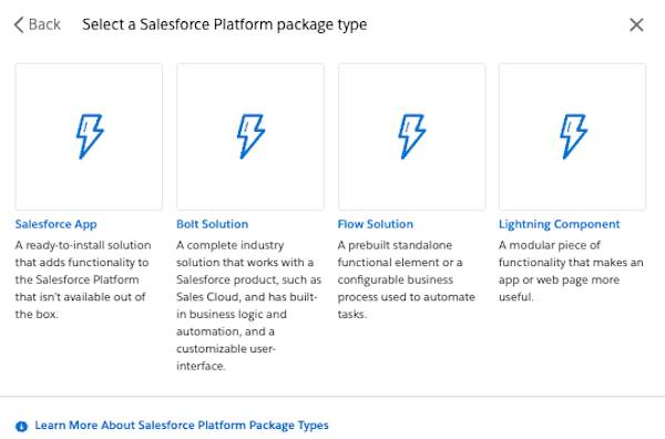 The Choose a Salesforce Platform Package type window with Salesforce App, Bolt Solution, Flow Solution, and Lightning Component tiles and a Learn More About Salesforce Platform Package Types info bubble