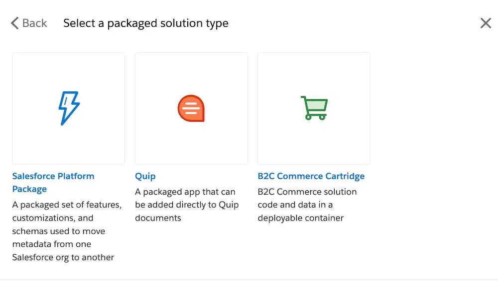 The Select a packaged solution type window with tiles for Salesforce Platform Package, Quip, and B2C Commerce Cartridge with a highlight on Salesforce Platform Package