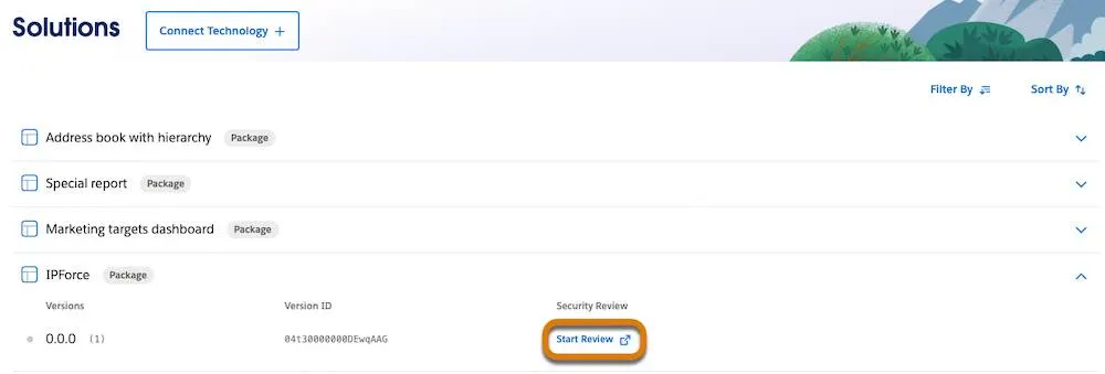 The Technologies Solutions home page with a highlight on one solution’s Start Review button