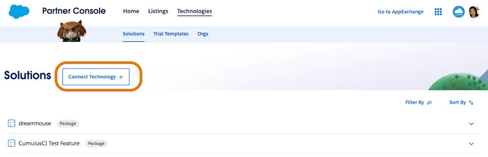 The Partner Console Technologies tab, with a Connect Technology + button and a list of connected solutions