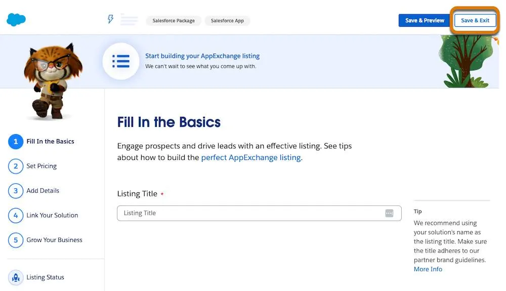 The Listing Builder with a Fill In the Basics section, five steps to create a listing, a Save & Preview button, and a highlight on a Save & Exit button