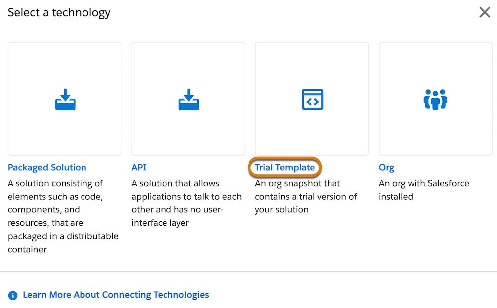 The Select a technology window with a highlight on Trial Template