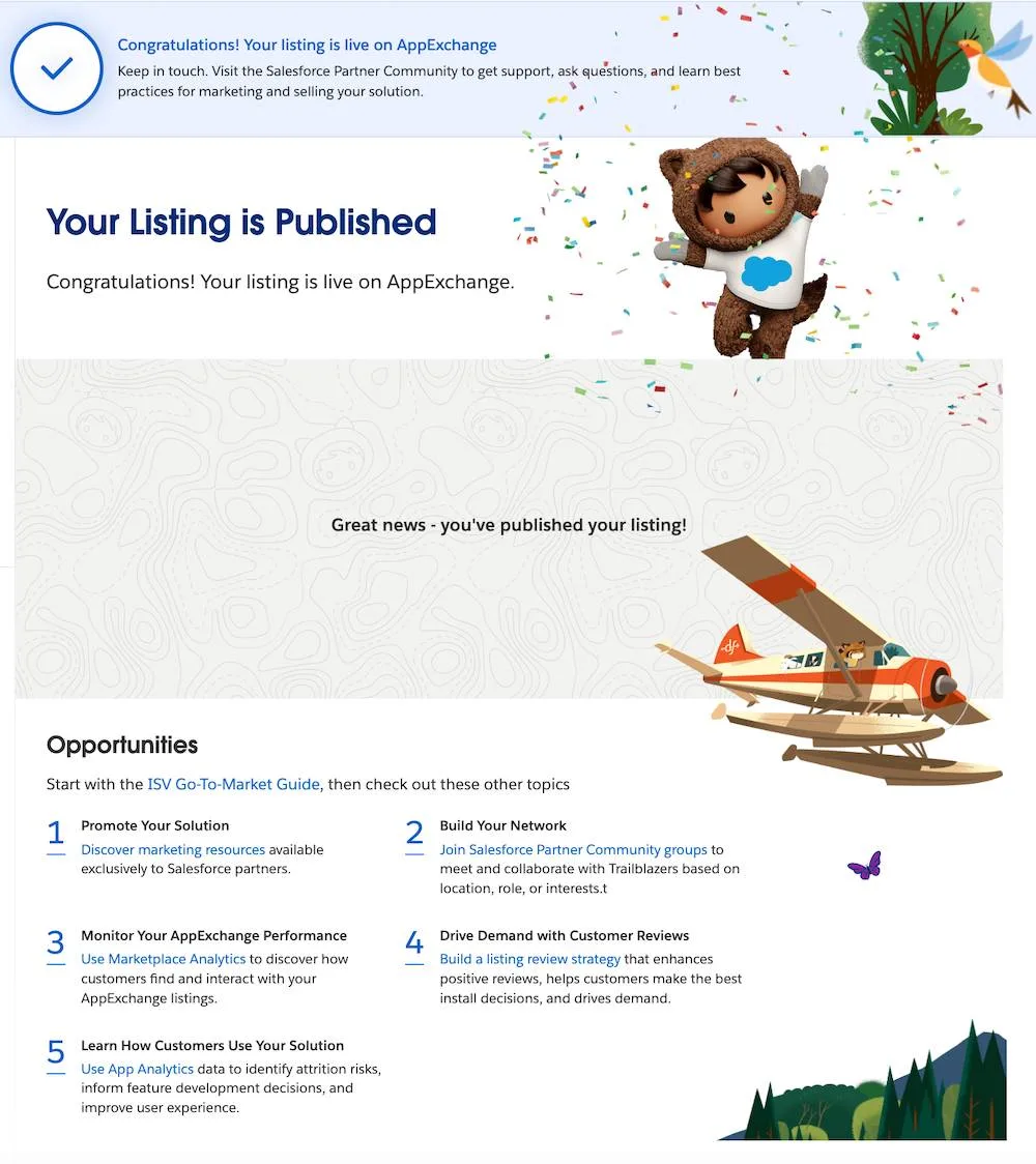 An example Your Listing is Published congratulations message