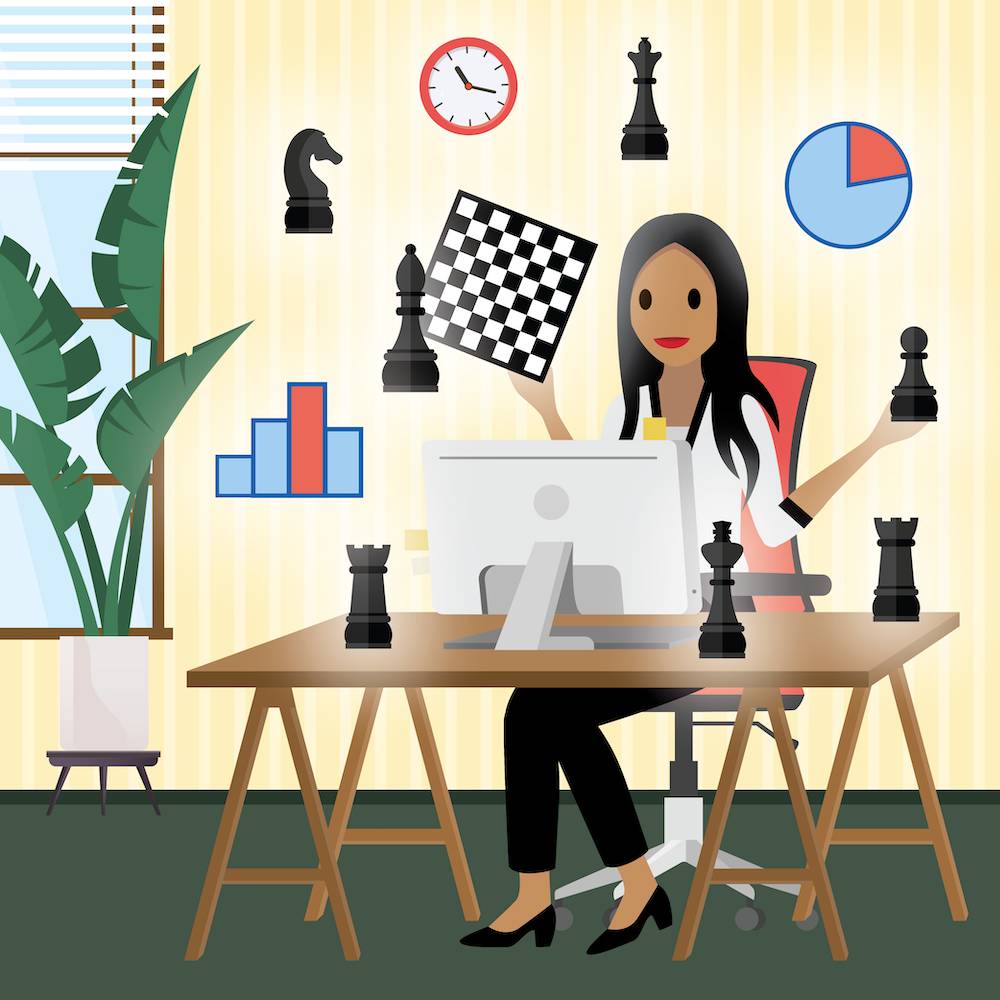 Get Cloudy Consulting’s Leung Chan at her desk with chess pieces and charts floating around her head